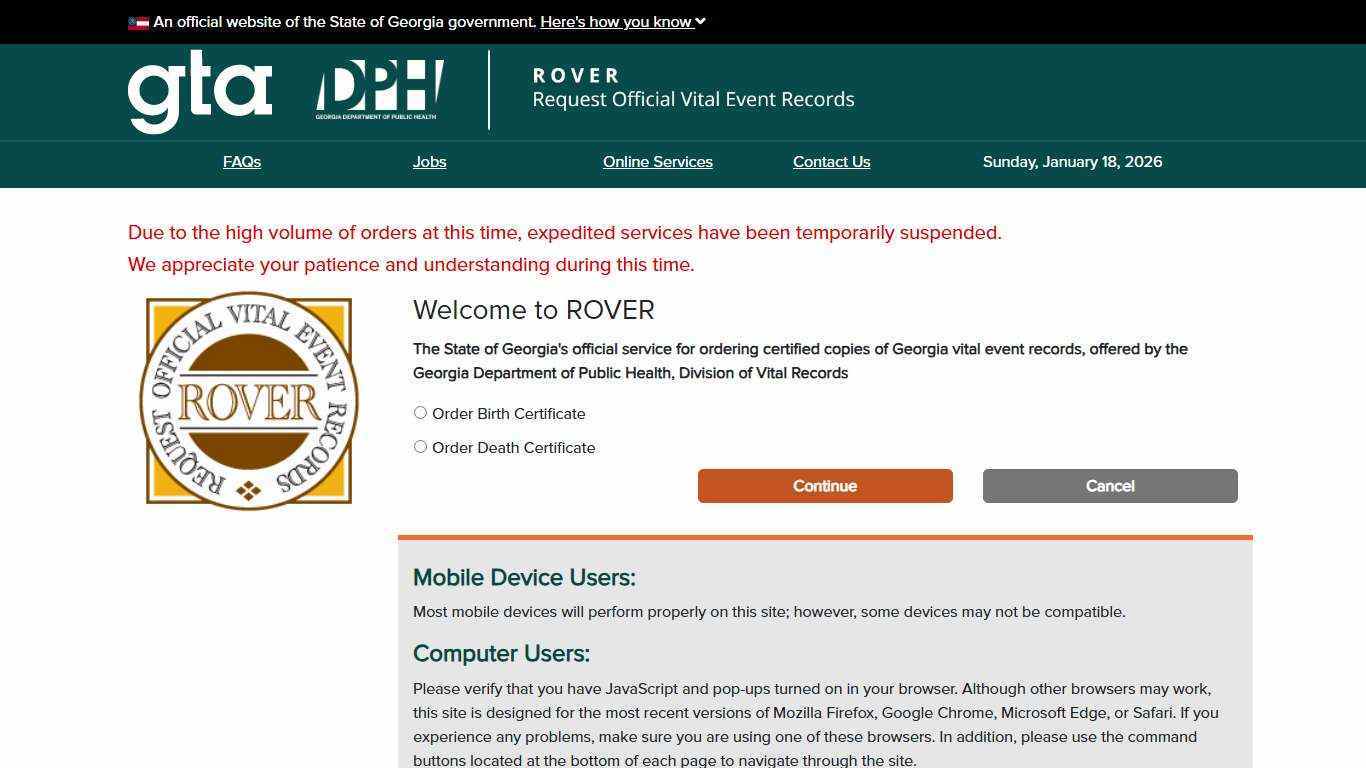 ROVER - Order Birth or Death Certificates