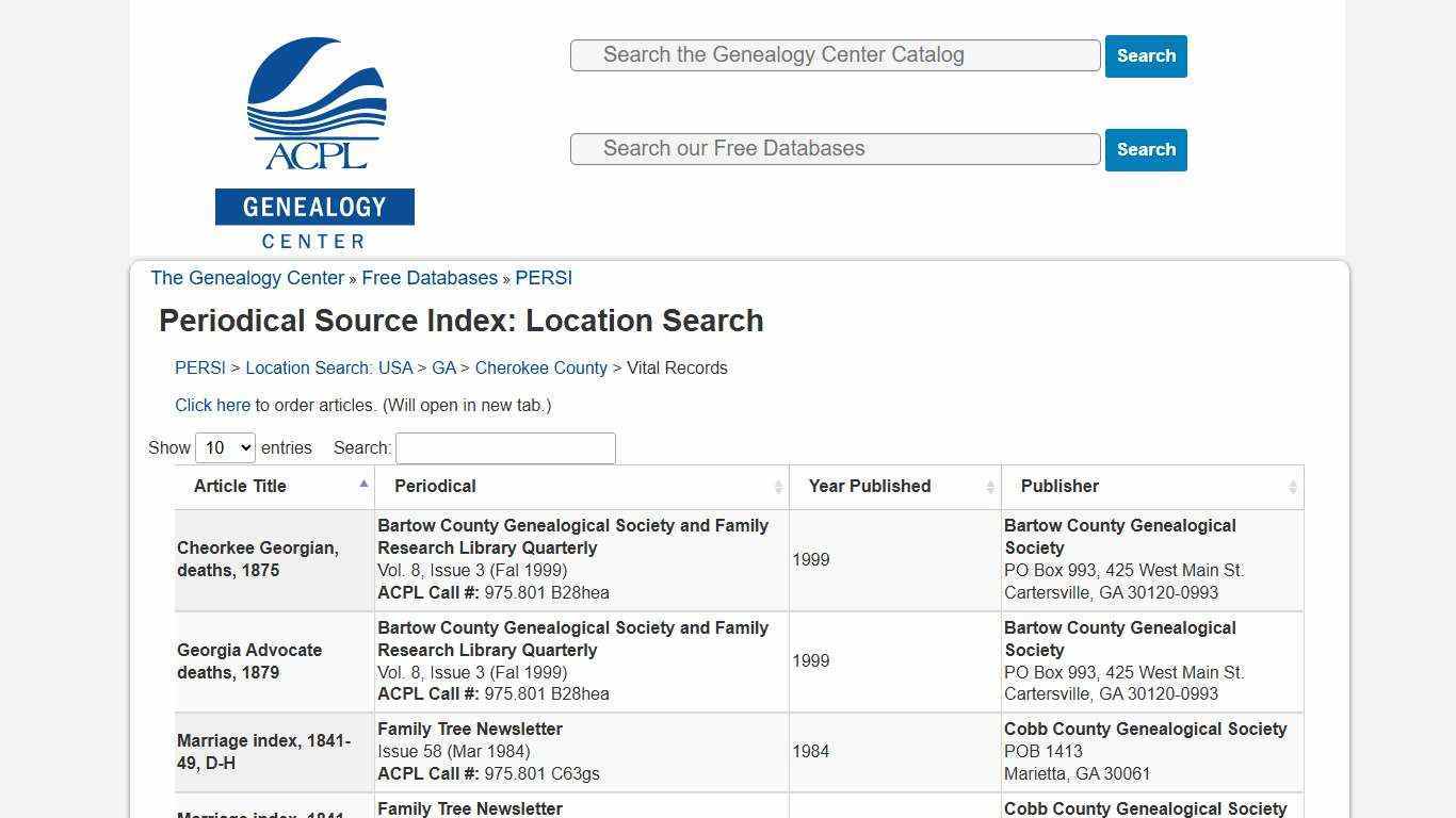 Periodical Source Index: Location Search - ACPL Genealogy Center
